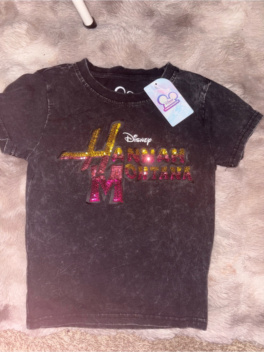 Disney Black Short Sleeve Tee with Gold-to-Pink Glitter Hannah Montana Logo